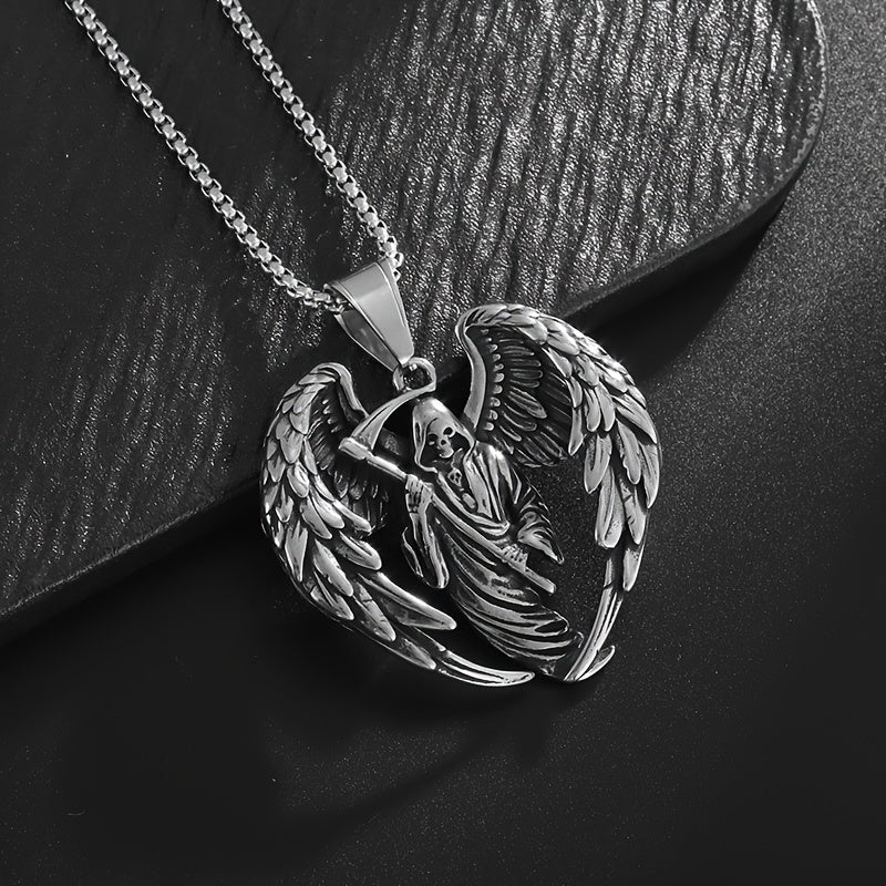 Men's 316L Stainless Steel Hell Reaper Skull Wing Pendant Necklace - Hip Hop Punk Style, White Golden Plated, Durable Chain Included, Punk Rock Accessory|Bold Fashion Piece|Durable Jewelry