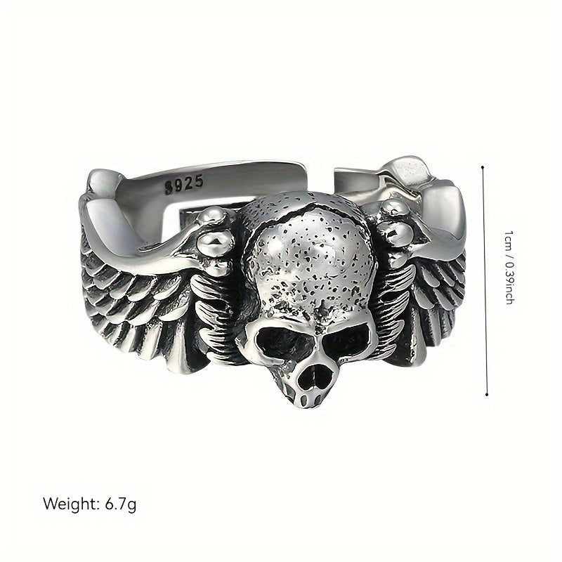 925 Sterling Silver Men's Gothic Skull Ring, Adjustable Open Band, Hip-Hop Punk Style, Unique Devil Angel Design
