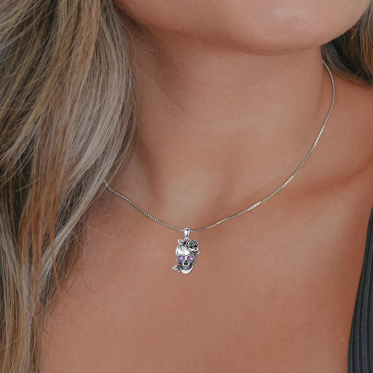 Amethyst Skull Necklace 925 Sterling Silver Gothic Rose Flower Skull Bone Pendant Necklaces Halloween Jewelry Birthday Gifts for Women