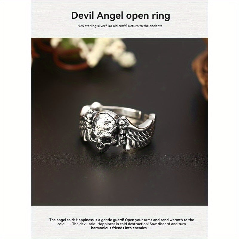 925 Sterling Silver Men's Gothic Skull Ring, Adjustable Open Band, Hip-Hop Punk Style, Unique Devil Angel Design