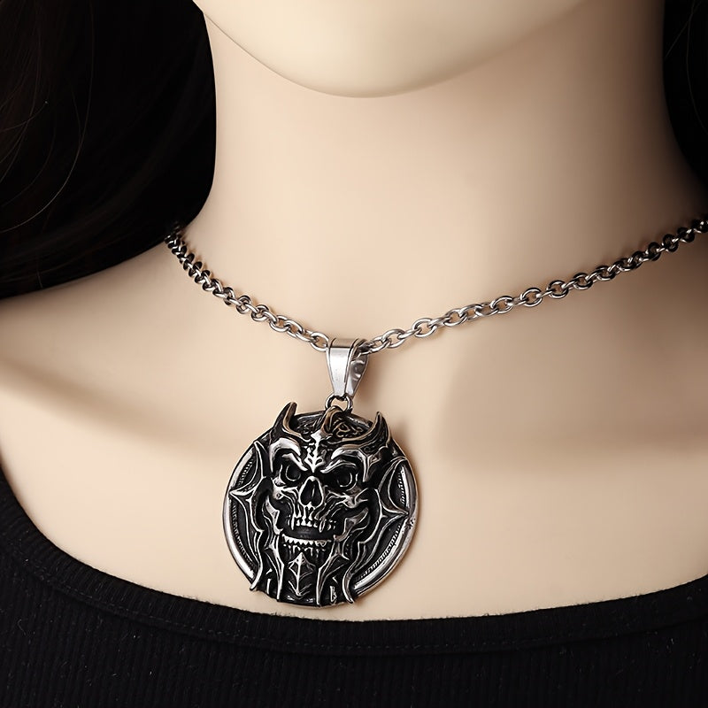 83.48gal Titanium Steel Tyrant Skull Pendant Necklace for Men - Punk Rock Gothic Hip Hop Motorcycle Jewelry with Intricate Bone & Metallic Detailing, Durable Edgy Gift for Halloween, Day of the Dead, Thanksgiving, Halloween N