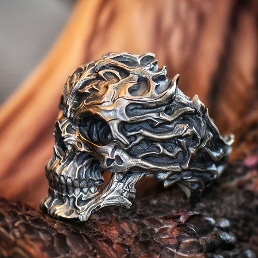 1pc Boho Style Men's Alloy Skull Ring with Synthetic Zirconia, Single Band Statement Jewelry