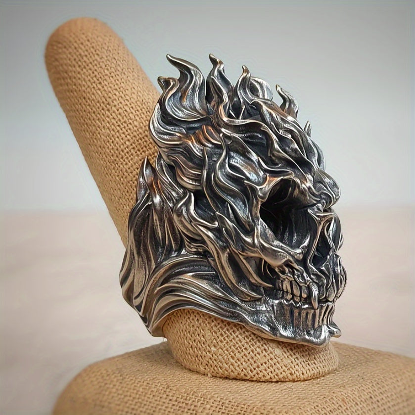 Gothic Flame Skull Ring, Flame Biker Punk Gothic Demon Charm Ring for Men