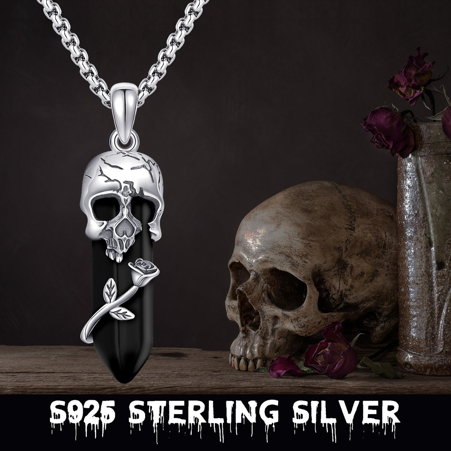 Rose Skull Necklace for Women Halloween Skull Necklace