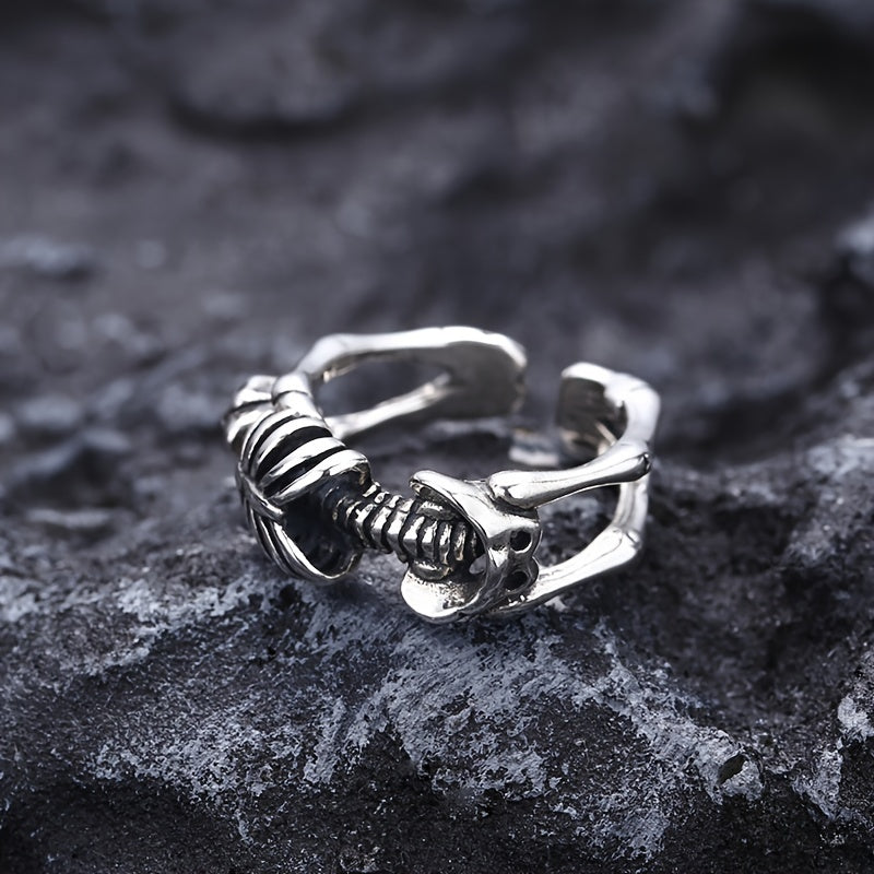 Adjustable Skull Ring, Open Band Design, Punk Biker Cocktail Gothic Fashion Jewelry, Skeleton Frame, Unisex Accessory