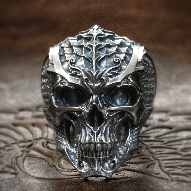 Stylish Men's Alloy Ring with Dragon Scale & Half Skull Design - Fashionable Single Piece