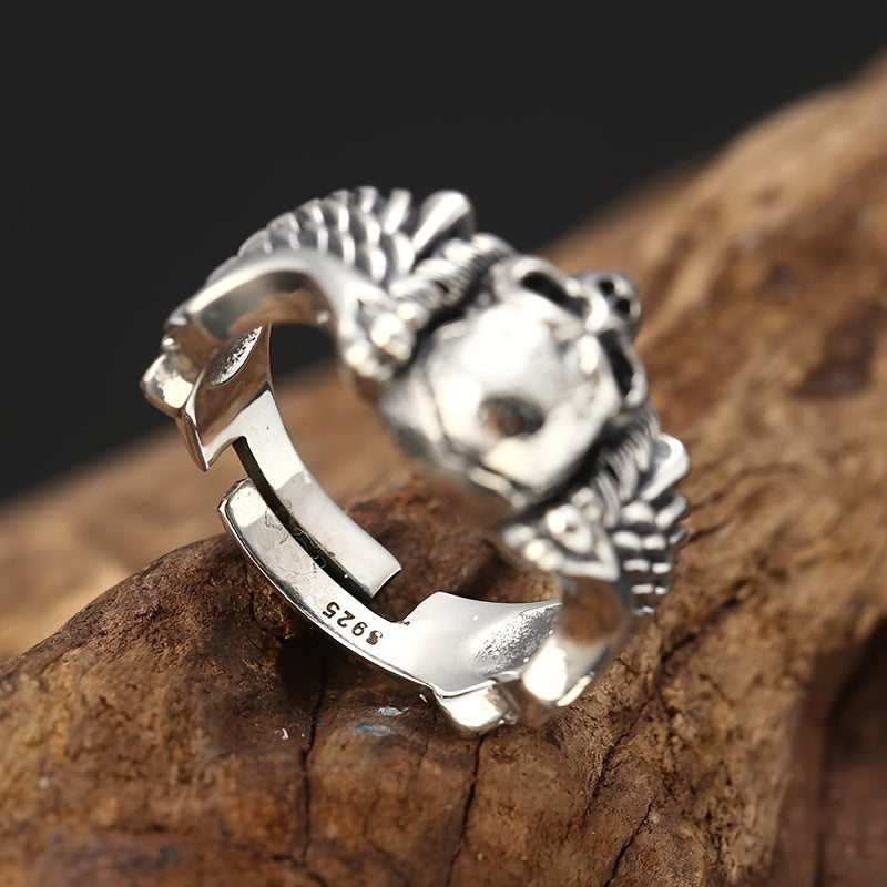 925 Sterling Silver Men's Gothic Skull Ring, Adjustable Open Band, Hip-Hop Punk Style, Unique Devil Angel Design
