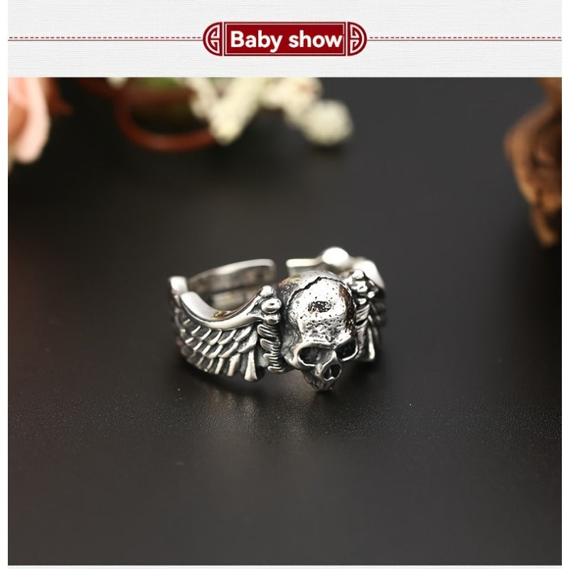 925 Sterling Silver Men's Gothic Skull Ring, Adjustable Open Band, Hip-Hop Punk Style, Unique Devil Angel Design