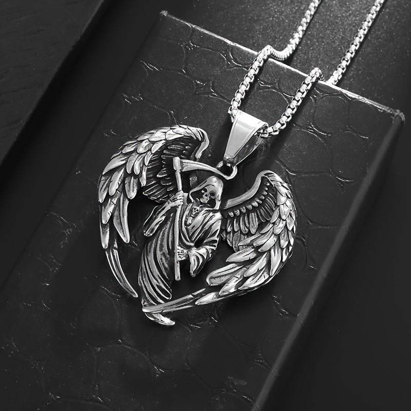 Men's 316L Stainless Steel Hell Reaper Skull Wing Pendant Necklace - Hip Hop Punk Style, White Golden Plated, Durable Chain Included, Punk Rock Accessory|Bold Fashion Piece|Durable Jewelry