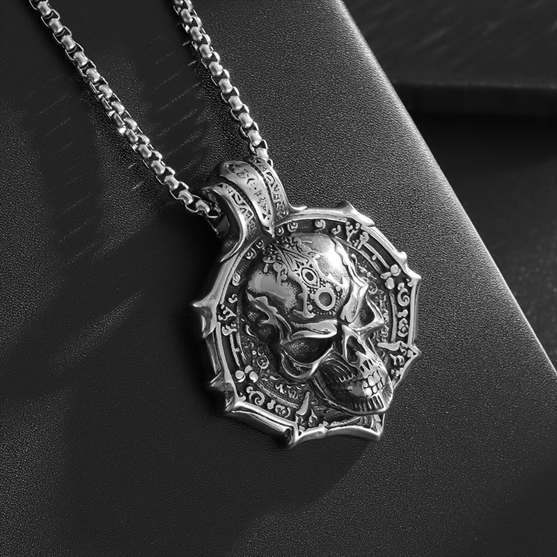 Funky Gothic Skull Pendant Necklace - 316L Stainless Steel, Plated White K, Non-Magnetic No Mosaic Jewelry for Men