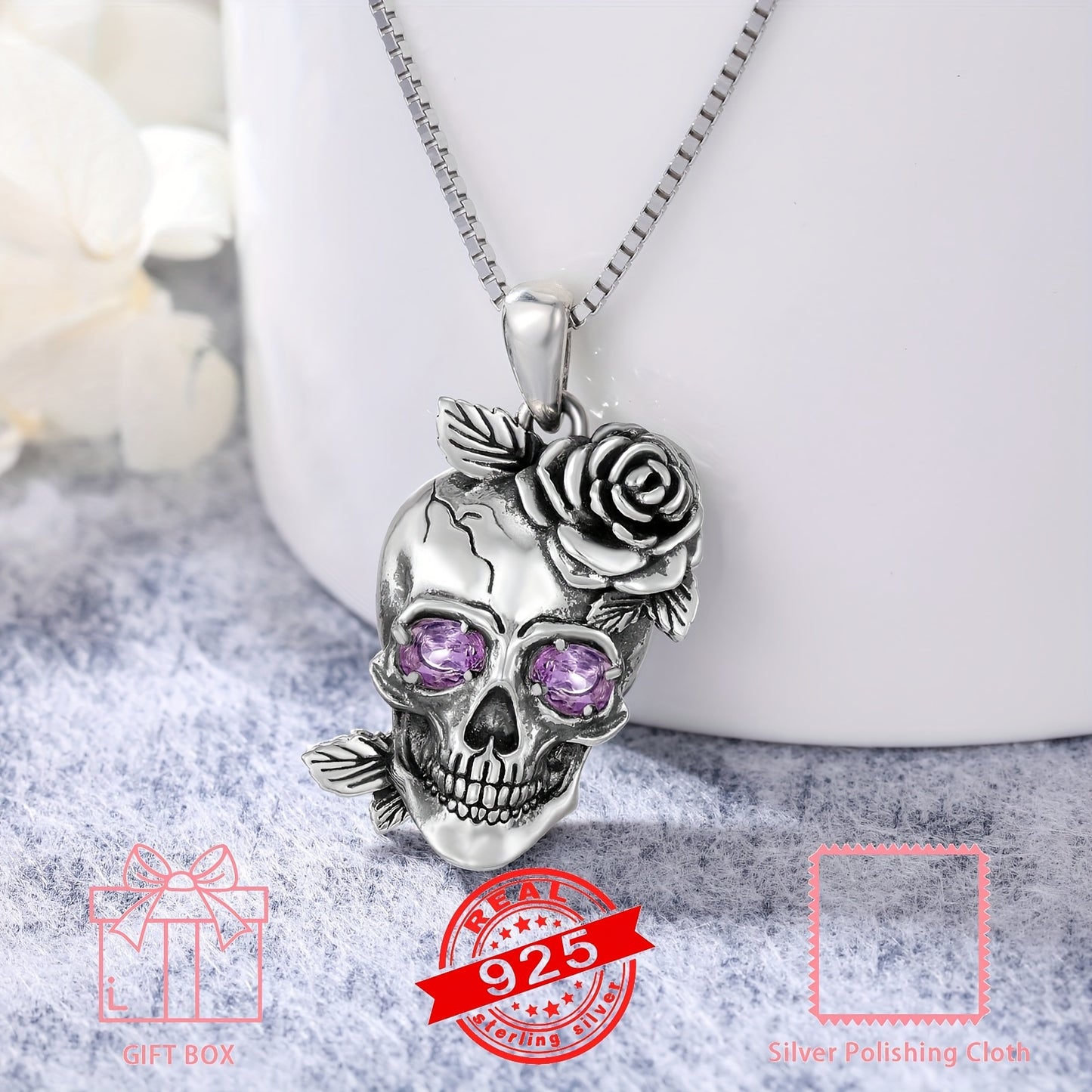 Amethyst Skull Necklace 925 Sterling Silver Gothic Rose Flower Skull Bone Pendant Necklaces Halloween Jewelry Birthday Gifts for Women