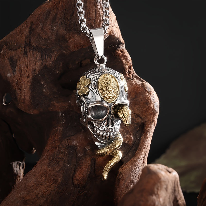 Unique Gothic Snake Wrapped Skull Pendant Necklace - Trendy Street Style Unisex Accessory - The Perfect Everyday Accessory Gift