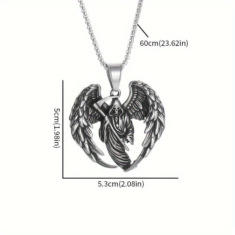 Men's 316L Stainless Steel Hell Reaper Skull Wing Pendant Necklace - Hip Hop Punk Style, White Golden Plated, Durable Chain Included, Punk Rock Accessory|Bold Fashion Piece|Durable Jewelry