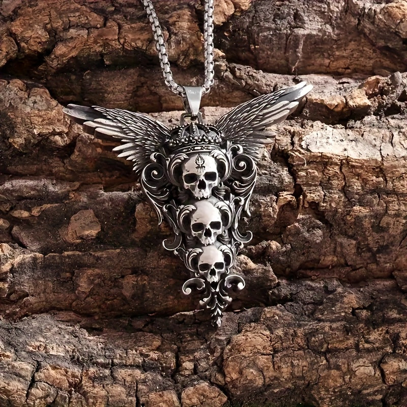 Retro Gothic Style Skull Wings Pendant Necklace, Stylish Dark Style Halloween Decorations, Men'S Motorcycle Accessories Party Jewelry Gifts