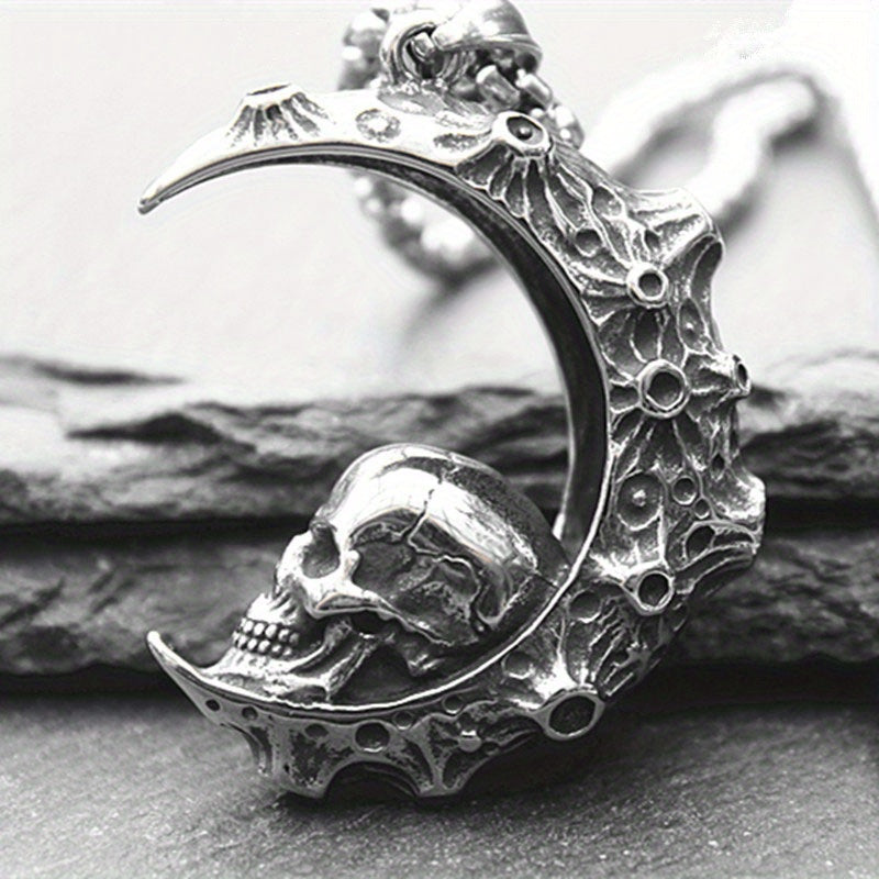 1pc Men's Dark Moon Tooth Skull Necklace, Men's Trendy Punk Titanium Steel Motorcycle Hip Hop Pendant Men's Sweater Chain
