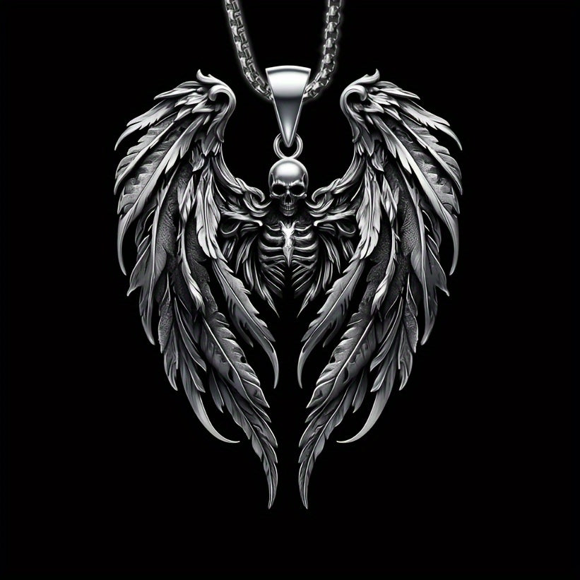 316L Stainless Steel Hell Death Angel Skull Wing Pendant For Men, Punk Personality Knight Jewelry Necklace