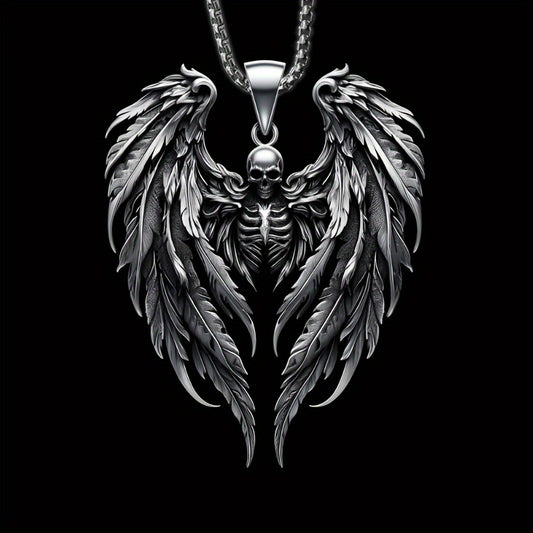 316L Stainless Steel Hell Death Angel Skull Wing Pendant For Men, Punk Personality Knight Jewelry Necklace