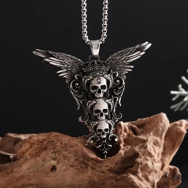 Retro Gothic Style Skull Wings Pendant Necklace, Stylish Dark Style Halloween Decorations, Men'S Motorcycle Accessories Party Jewelry Gifts