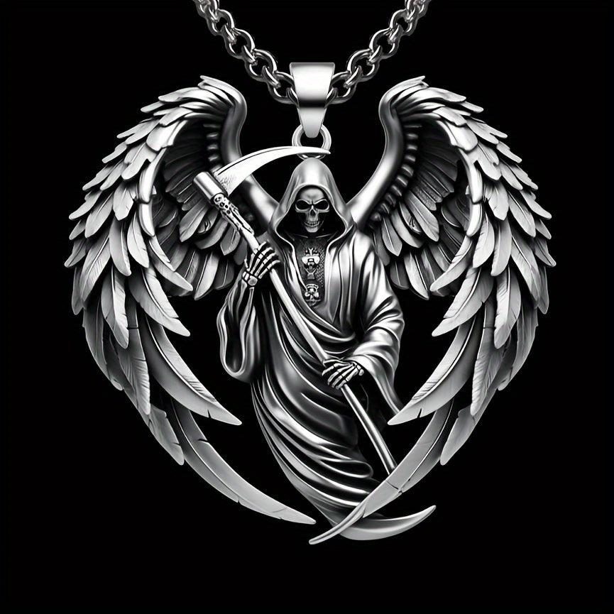 Men's 316L Stainless Steel Hell Reaper Skull Wing Pendant Necklace - Hip Hop Punk Style, White Golden Plated, Durable Chain Included, Punk Rock Accessory|Bold Fashion Piece|Durable Jewelry