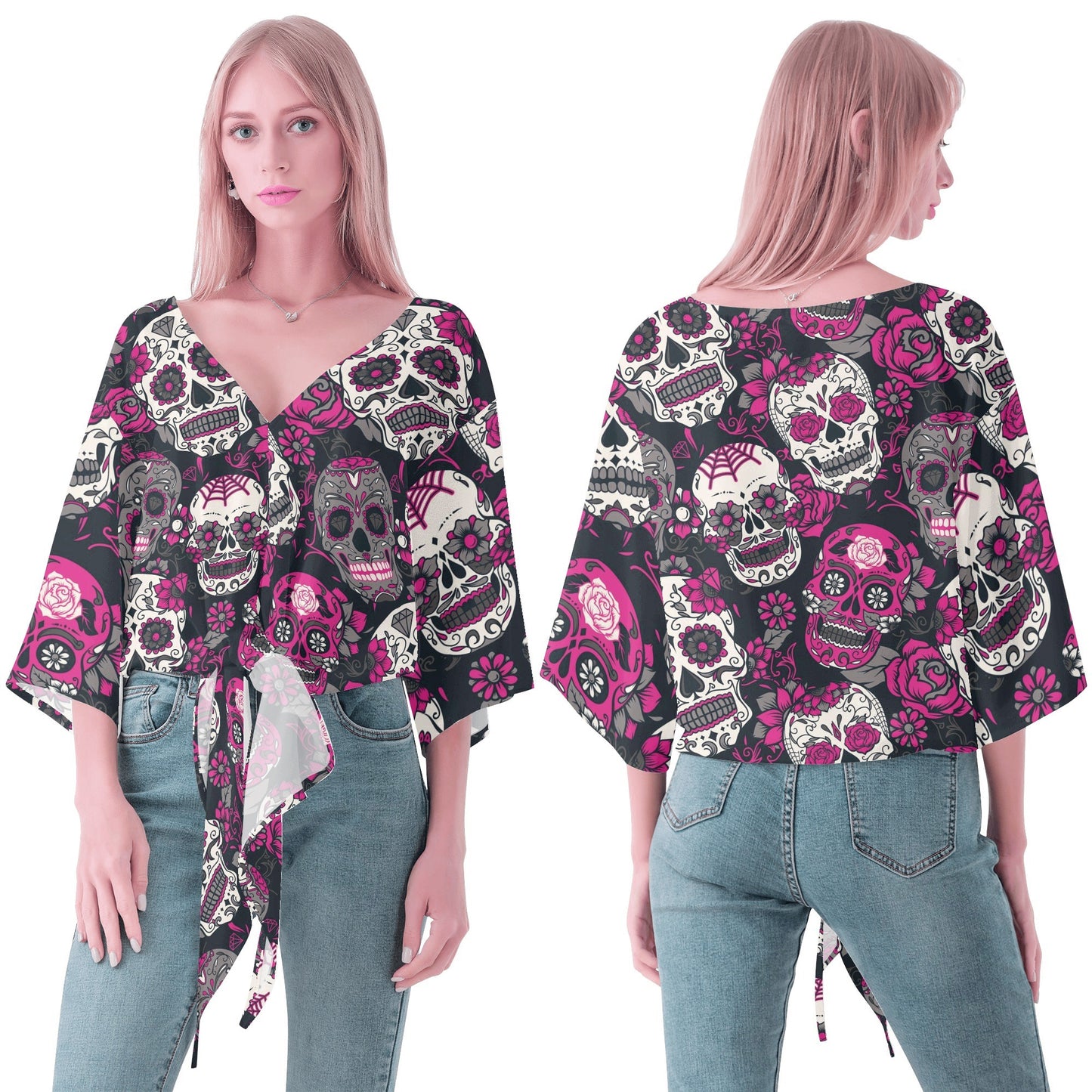 Sugar skull Women V-neck Streamers Blouse