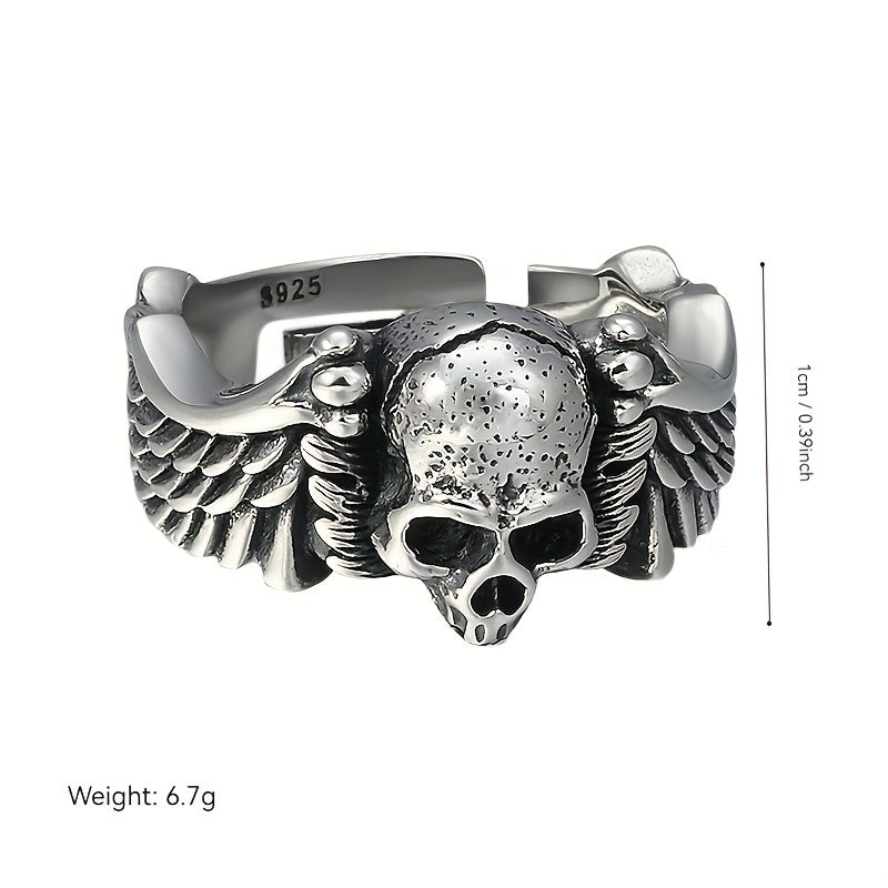 925 Sterling Silver Men's Gothic Skull Ring, Adjustable Open Band, Hip-Hop Punk Style, Unique Devil Angel Design