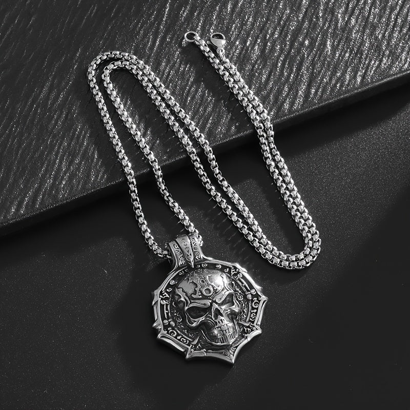 Funky Gothic Skull Pendant Necklace - 316L Stainless Steel, Plated White K, Non-Magnetic No Mosaic Jewelry for Men