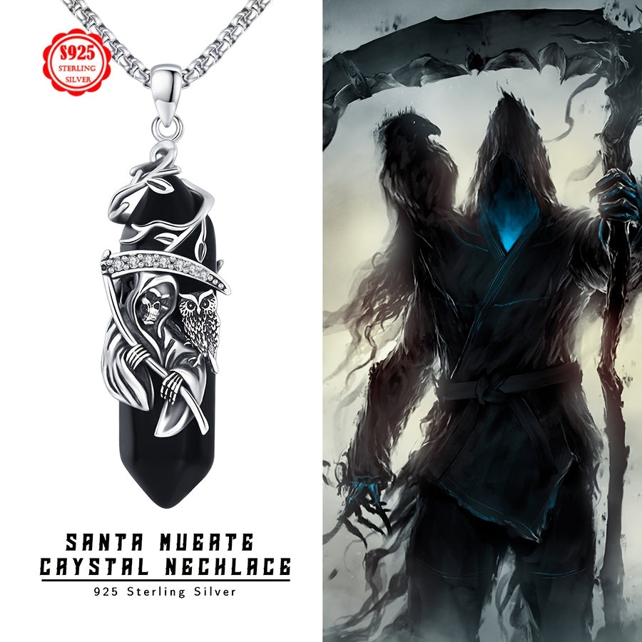 Santa Muerte Necklace for Men Sterling Silvery Owl Skull Grim Reaper Pendant Heart Artificial Crystal Oxidation Skull Holy Death Scythe Aumelt Charm Necklace Jewelry Gifts for Father Halloween Christmas