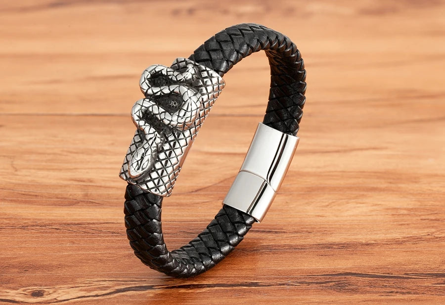 TYO Cool Style Men Leather Bracelets & Bangles Skull Owl Scorpion Snake Braided Wrap Stainless Steel Bracelets For Halloween