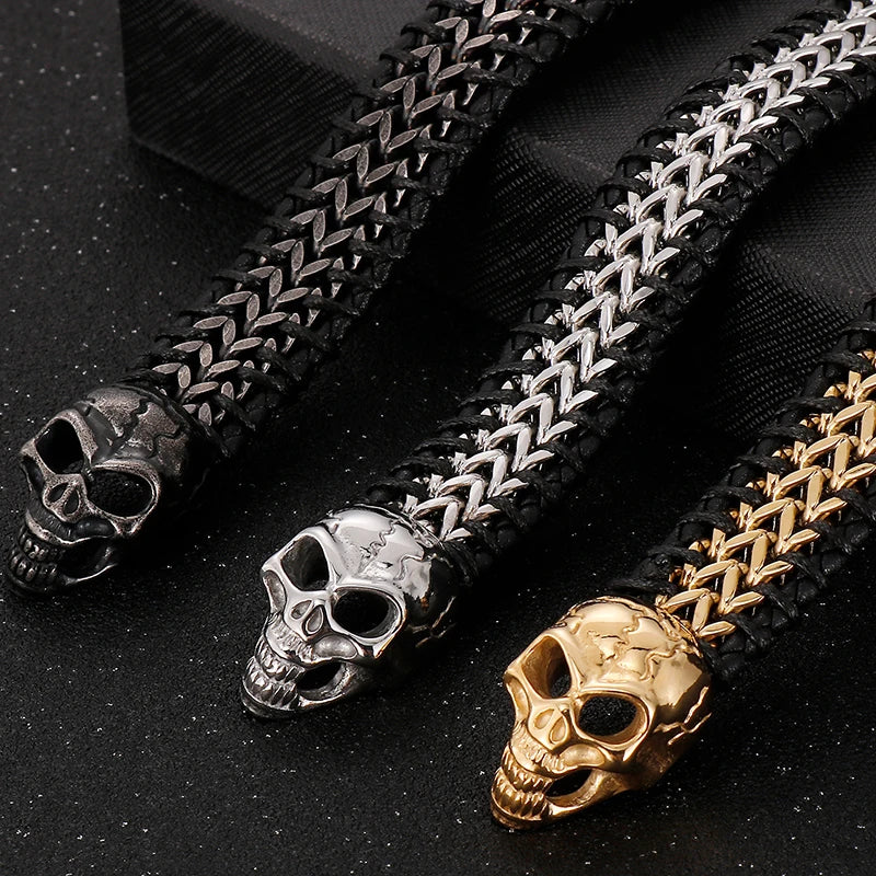 Vintage Double Wolf Lion Head Men's Bracelets 23CM Long Braided Genuine Leather & Stainless Steel Gothic Skull Bracelet for Men