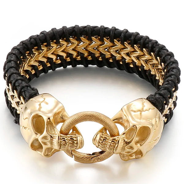 Vintage Double Wolf Lion Head Men's Bracelets 23CM Long Braided Genuine Leather & Stainless Steel Gothic Skull Bracelet for Men