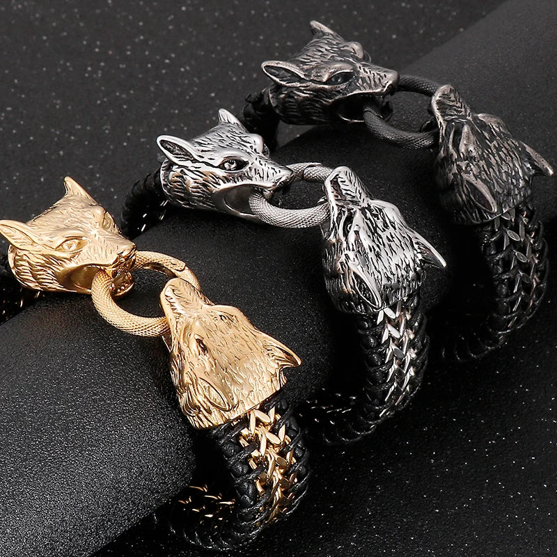 Vintage Double Wolf Lion Head Men's Bracelets 23CM Long Braided Genuine Leather & Stainless Steel Gothic Skull Bracelet for Men