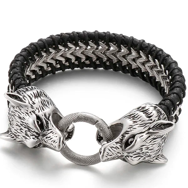 Vintage Double Wolf Lion Head Men's Bracelets 23CM Long Braided Genuine Leather & Stainless Steel Gothic Skull Bracelet for Men