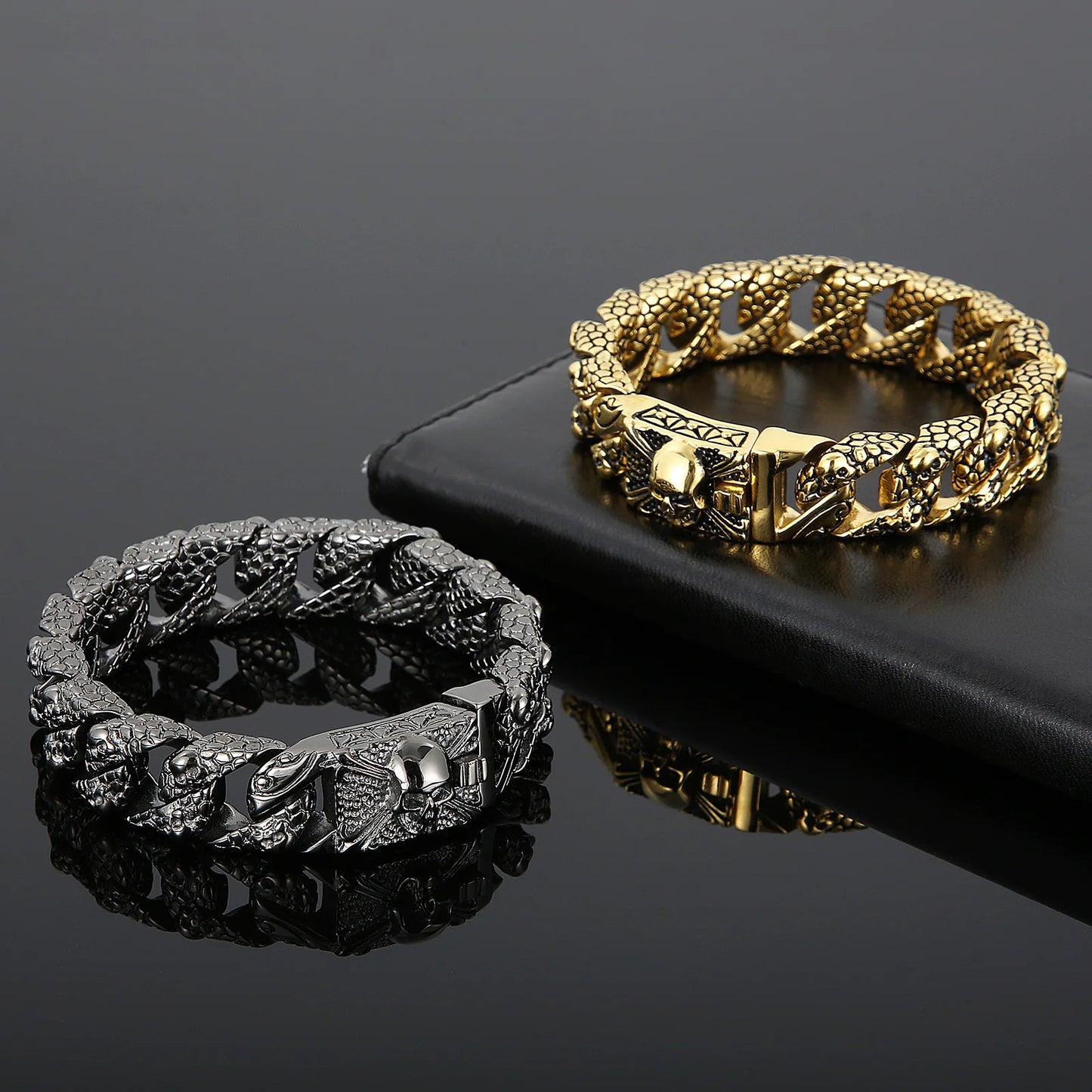 Fongten Gothic Mens Bracelets Stainless Steel Skull Franco Curb Chain Bracelet For Men Multiple Color Skeleton Armband Jewelry