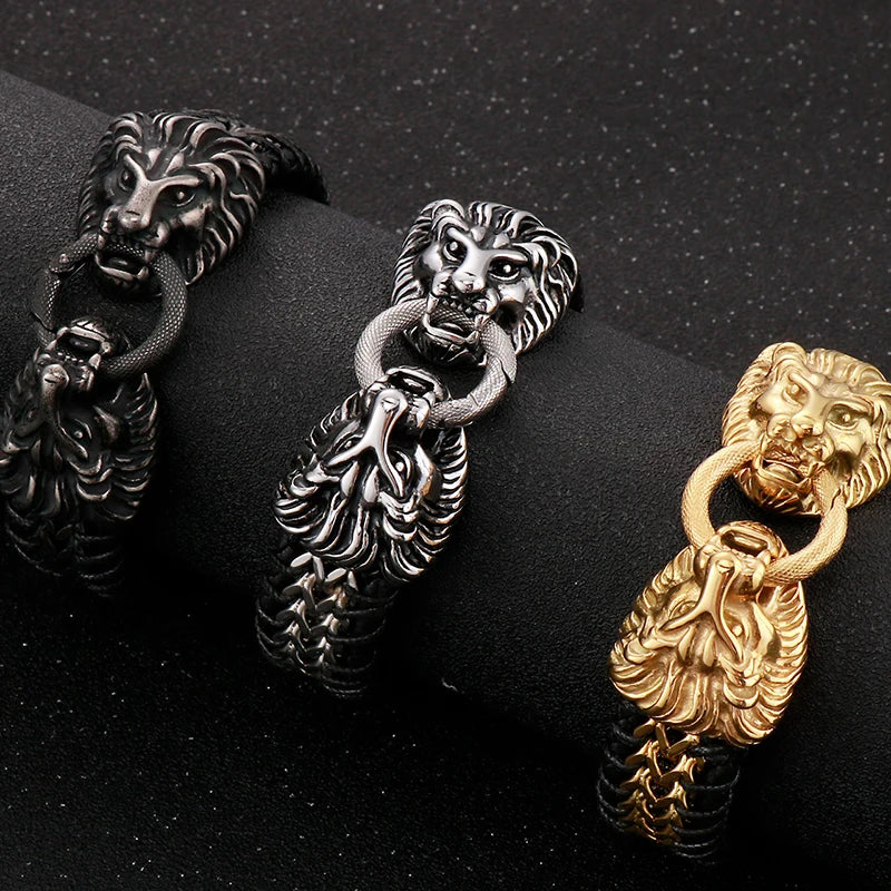 Vintage Double Wolf Lion Head Men's Bracelets 23CM Long Braided Genuine Leather & Stainless Steel Gothic Skull Bracelet for Men