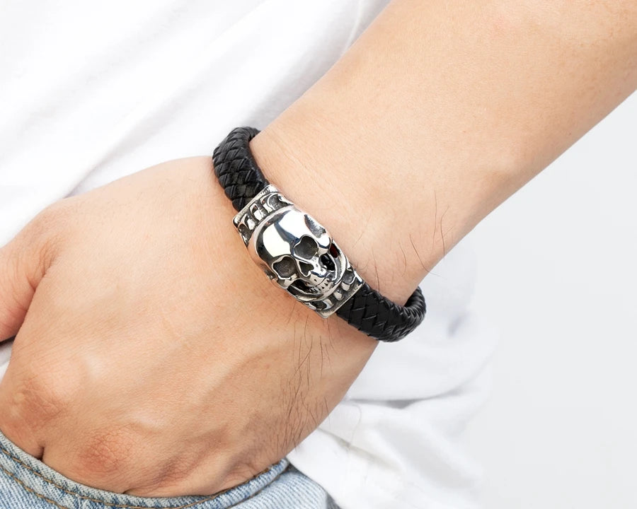 TYO Cool Style Men Leather Bracelets & Bangles Skull Owl Scorpion Snake Braided Wrap Stainless Steel Bracelets For Halloween