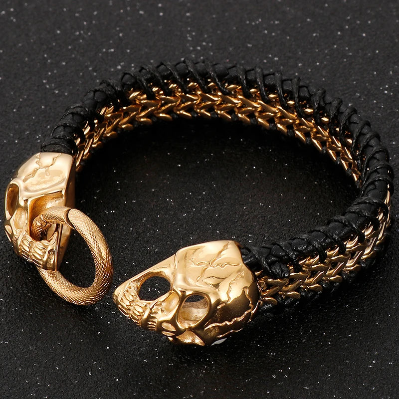 Vintage Double Wolf Lion Head Men's Bracelets 23CM Long Braided Genuine Leather & Stainless Steel Gothic Skull Bracelet for Men