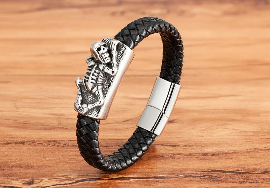 TYO Cool Style Men Leather Bracelets & Bangles Skull Owl Scorpion Snake Braided Wrap Stainless Steel Bracelets For Halloween