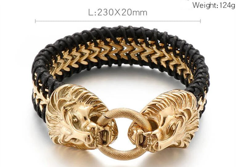 Vintage Double Wolf Lion Head Men's Bracelets 23CM Long Braided Genuine Leather & Stainless Steel Gothic Skull Bracelet for Men