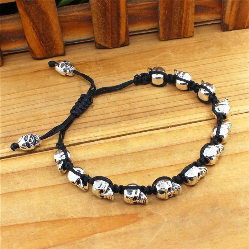 Smile Skull Skeleton Bead Bracelets Strand Vintage Boho Antique Silver Plated Handmade Rope Woven Fashion Jewelry