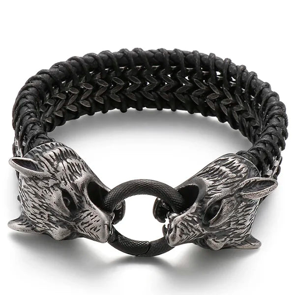 Vintage Double Wolf Lion Head Men's Bracelets 23CM Long Braided Genuine Leather & Stainless Steel Gothic Skull Bracelet for Men