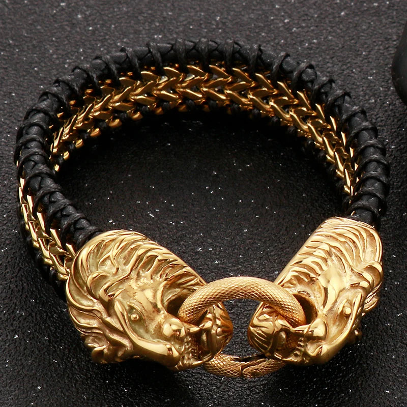 Vintage Double Wolf Lion Head Men's Bracelets 23CM Long Braided Genuine Leather & Stainless Steel Gothic Skull Bracelet for Men