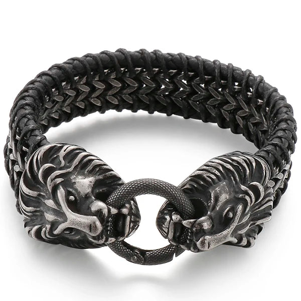 Vintage Double Wolf Lion Head Men's Bracelets 23CM Long Braided Genuine Leather & Stainless Steel Gothic Skull Bracelet for Men