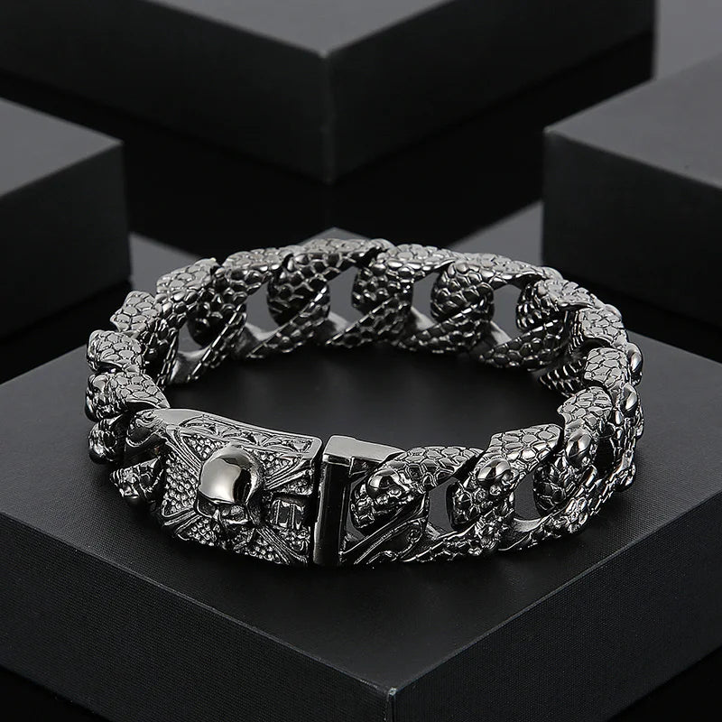 Fongten Gothic Mens Bracelets Stainless Steel Skull Franco Curb Chain Bracelet For Men Multiple Color Skeleton Armband Jewelry