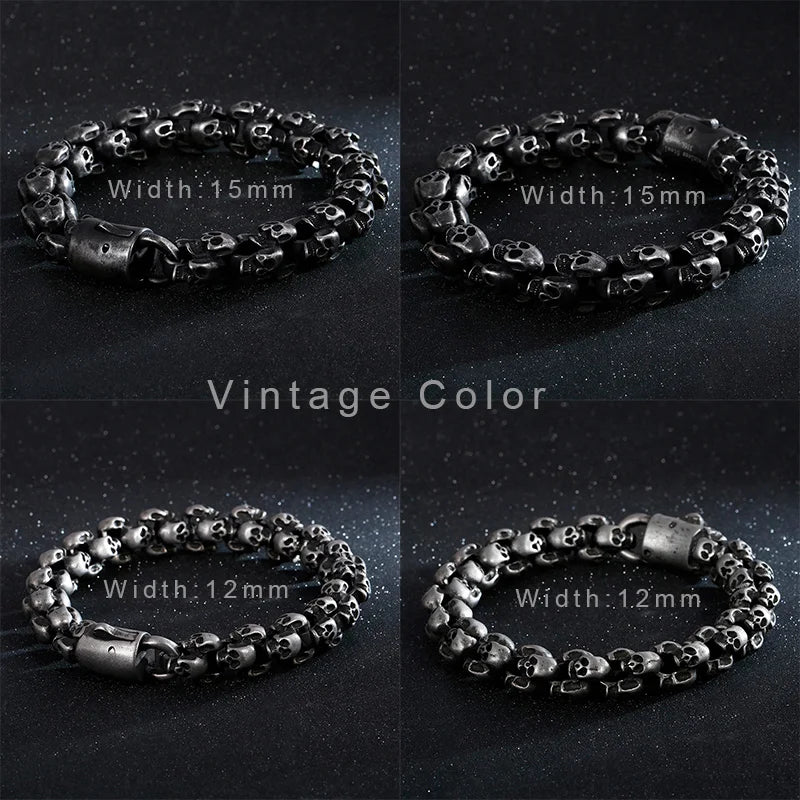 Fongten 12/15mm Skull Charm Bracelets For Men Stainless Steel Steleton Chain Mens Wristband Bracelet Bangle Gothic Jewelry
