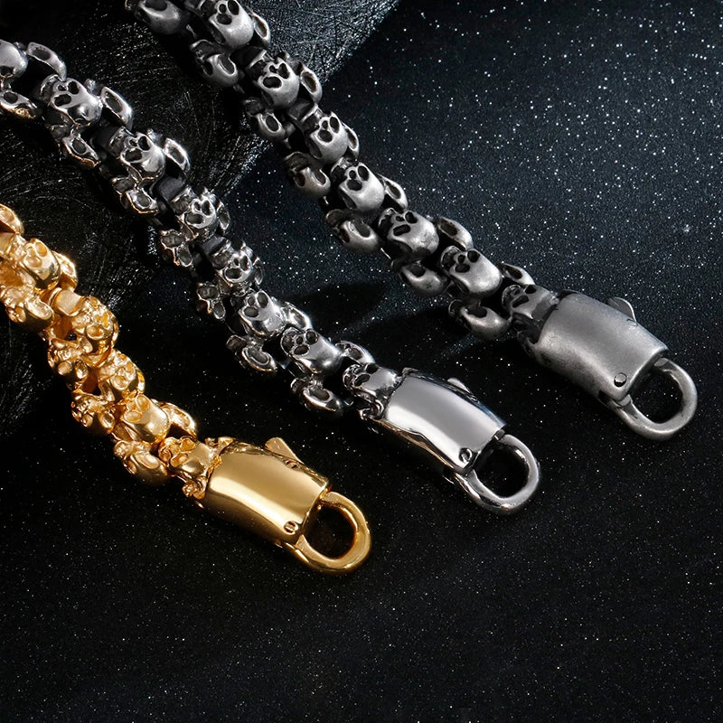 Fongten 12/15mm Skull Charm Bracelets For Men Stainless Steel Steleton Chain Mens Wristband Bracelet Bangle Gothic Jewelry