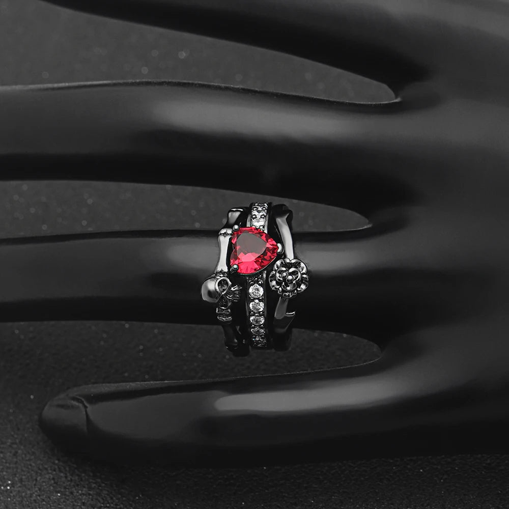 Gothic Skull Finger Black Gold Color wedding rings sets For Women Girl Red Heart CZ Rose Flower Trendy Jewelry Gift rings
