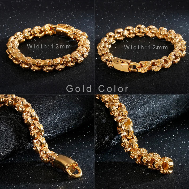 Fongten 12/15mm Skull Charm Bracelets For Men Stainless Steel Steleton Chain Mens Wristband Bracelet Bangle Gothic Jewelry
