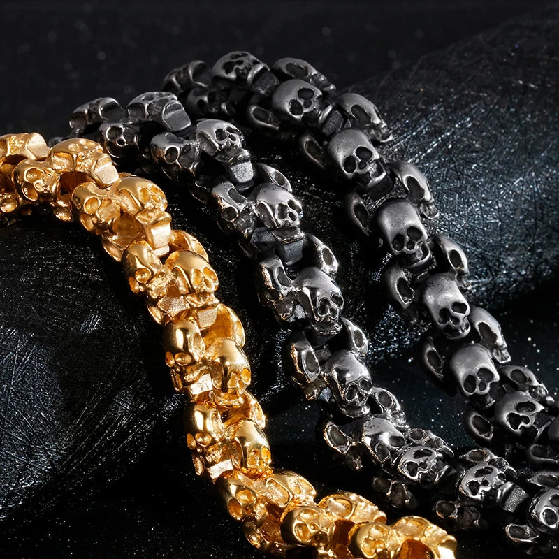 Fongten 12/15mm Skull Charm Bracelets For Men Stainless Steel Steleton Chain Mens Wristband Bracelet Bangle Gothic Jewelry