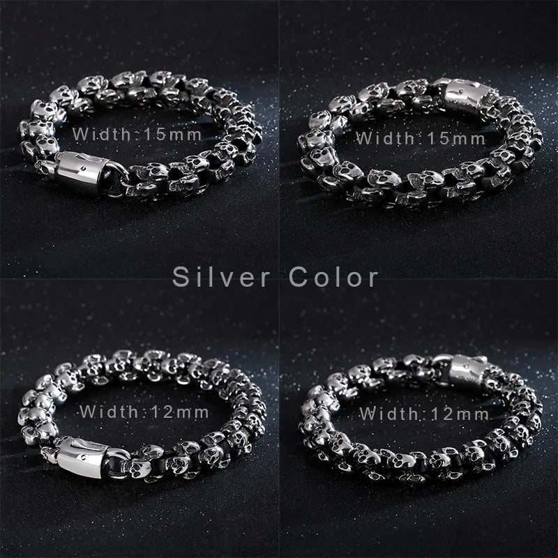 Fongten 12/15mm Skull Charm Bracelets For Men Stainless Steel Steleton Chain Mens Wristband Bracelet Bangle Gothic Jewelry