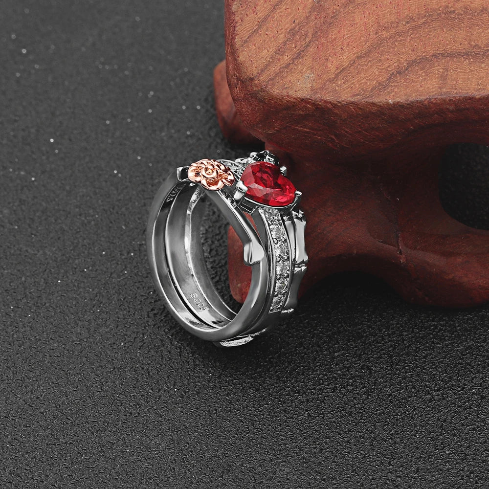 Gothic Skull Finger Black Gold Color wedding rings sets For Women Girl Red Heart CZ Rose Flower Trendy Jewelry Gift rings